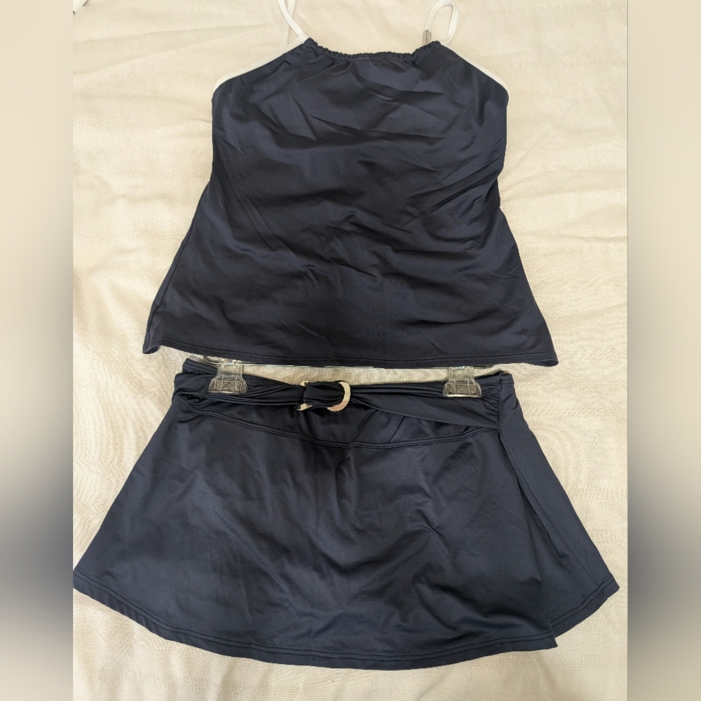 Navy Two-Piece Swim Set with Skirted Bottom
